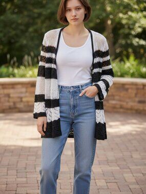 Roz & Ali Black and White Open-Front Striped Knit Cardigan